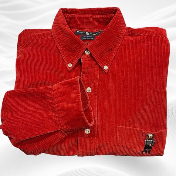 Vintage Ralph Lauren Polo Bear Blaire Corduroy Shirt Mens Large Red  Button Down - Picture 1 of 7